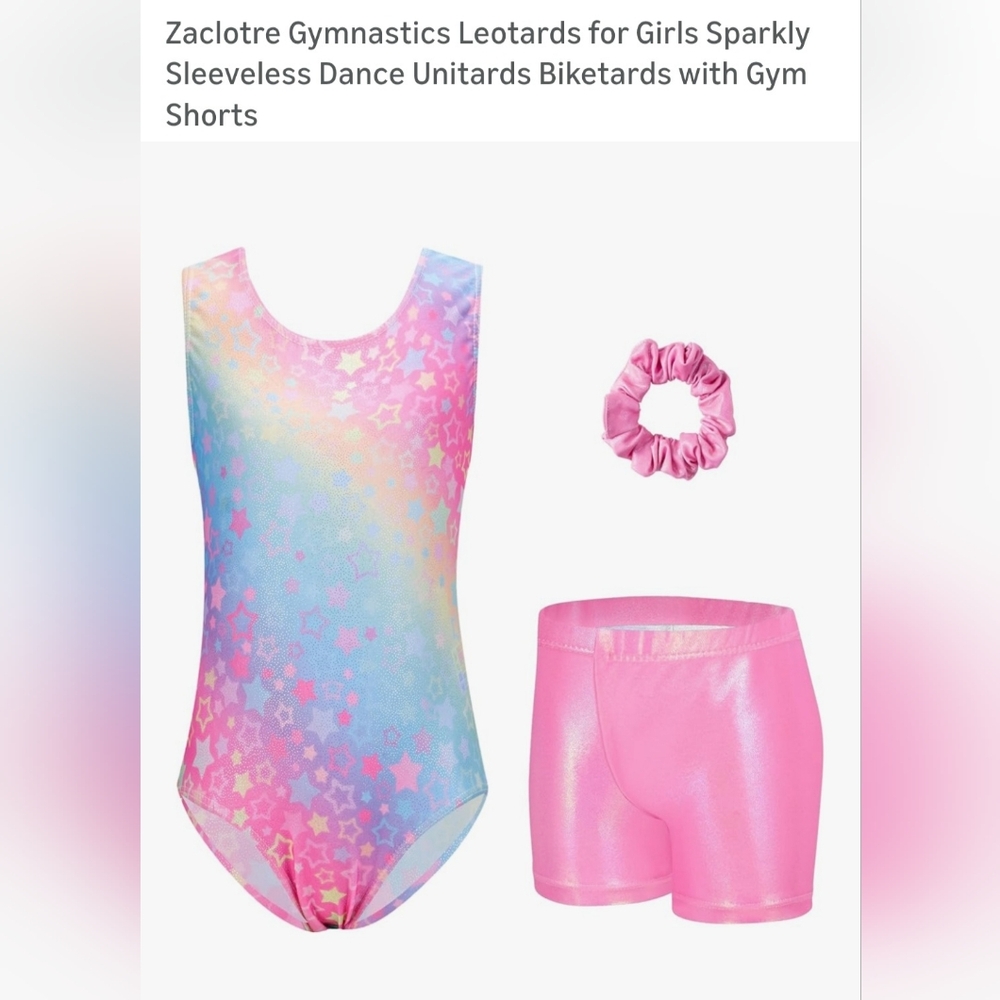 Girls Sparkle Star Gradient Leotard Set with Pink Shorts & Scrunchie. K-1